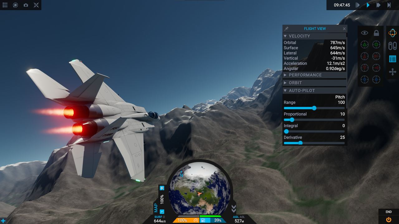 A jet flying over mountains with the flight data panel open