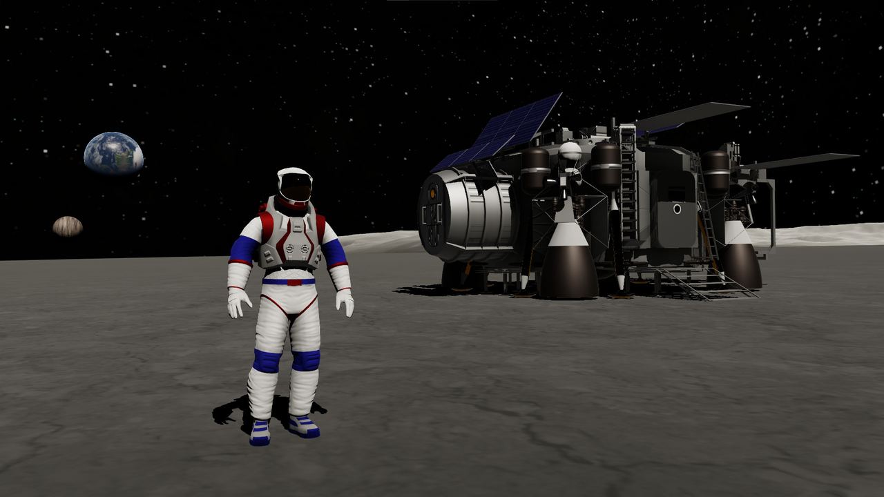 An astronaut standing beside a lander on the moon