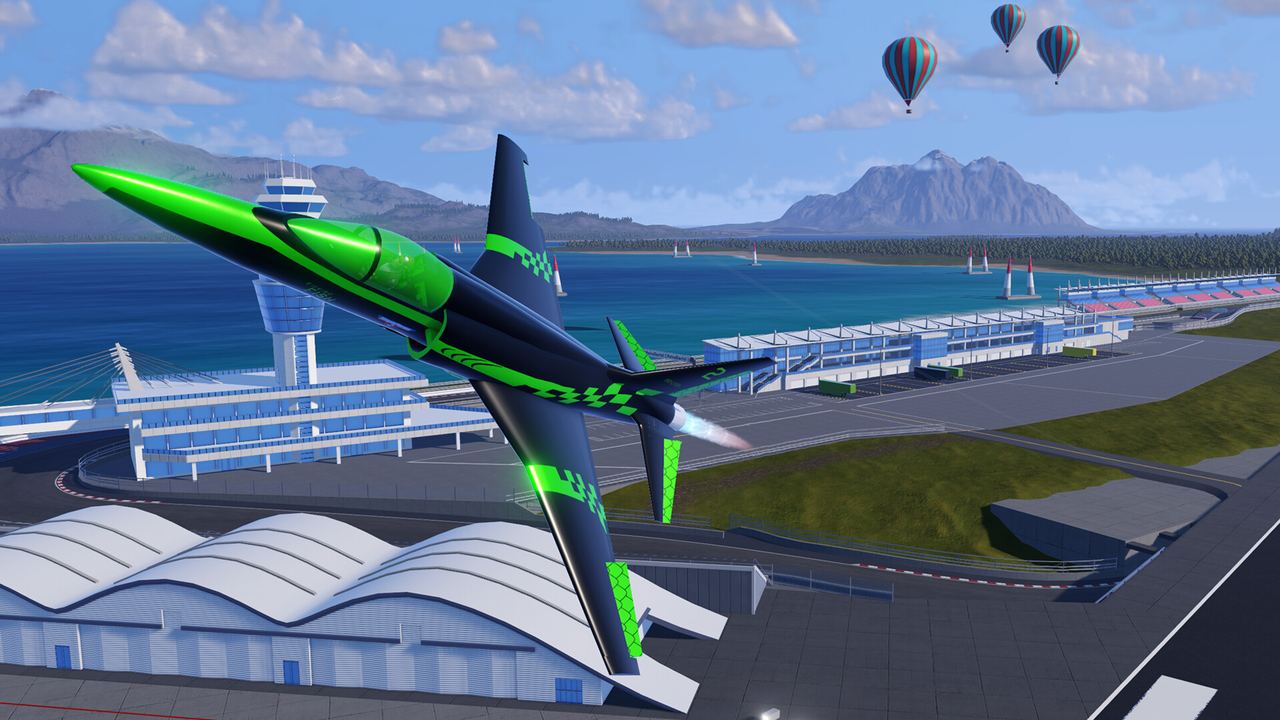 A green jet climbing over an airport in SimplePlanes 2
