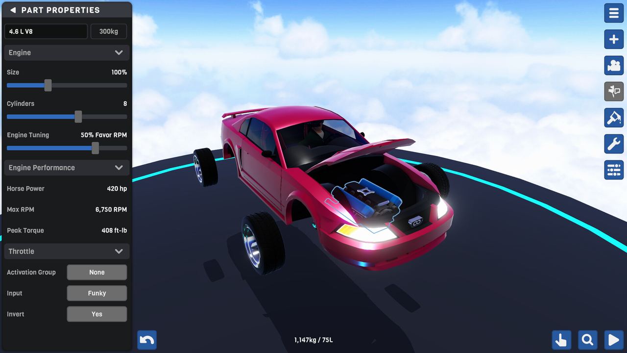 Tuning a car's engine in the SimplePlanes 2 designer