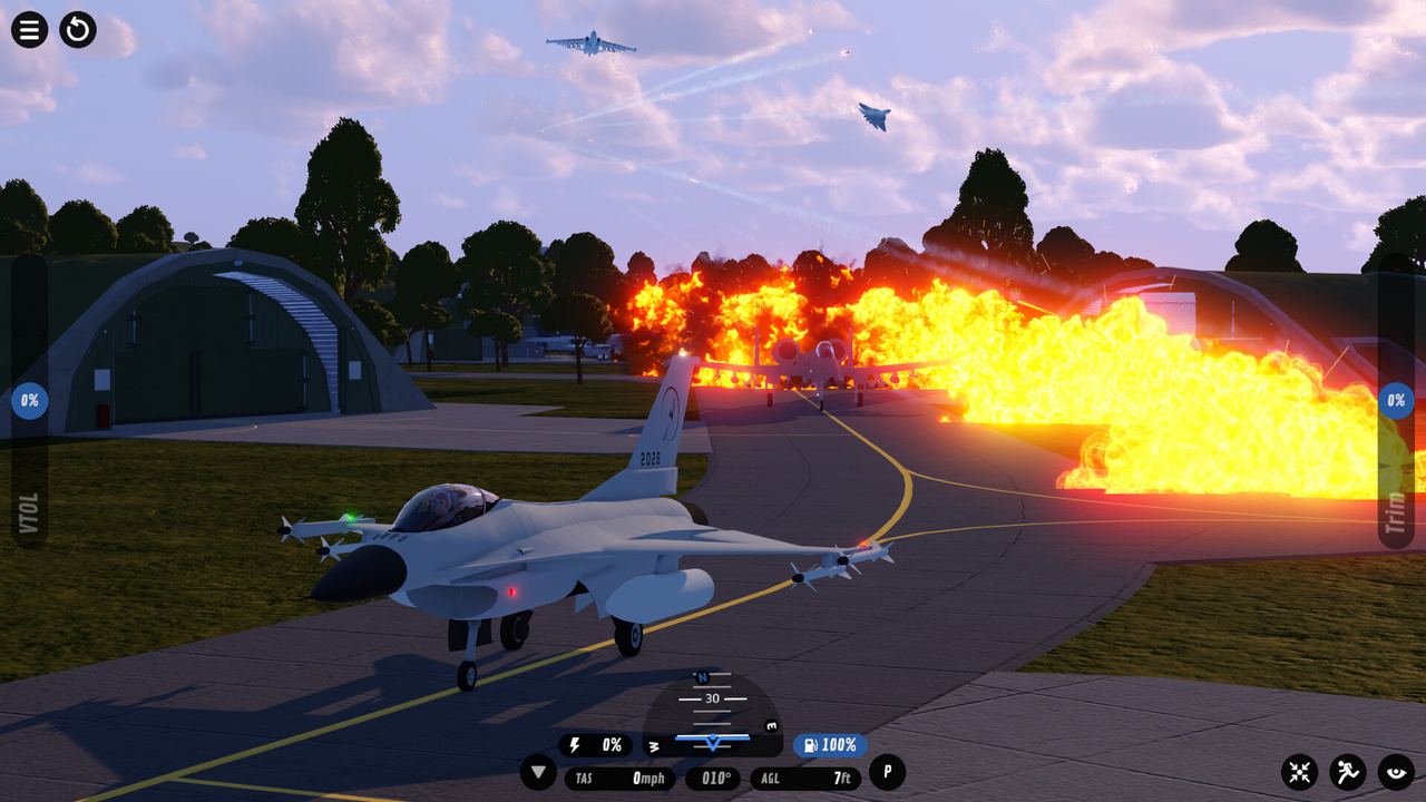 A fighter jet on the runway as a hangar explodes behind it