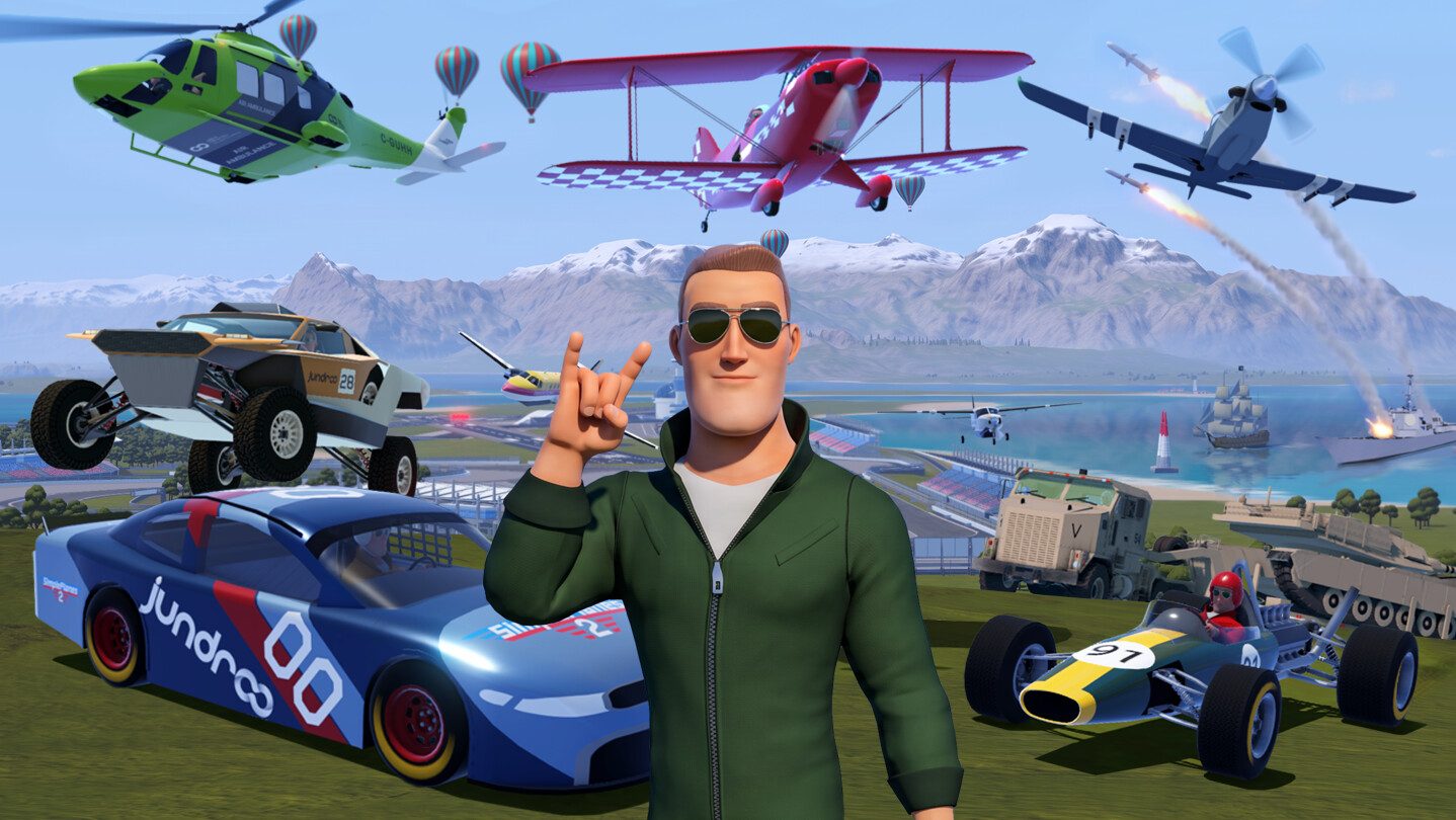 SimplePlanes 2: the pilot waving in front of planes, cars and a racetrack